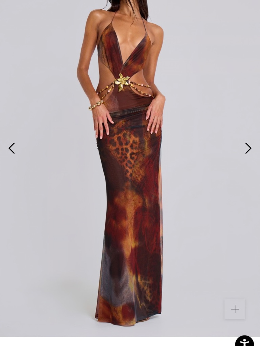 Jaded London Deep V Animal-Print Halter Maxi Dress with Gold Accents